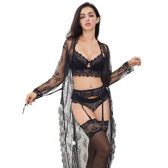 Lace Bra Set, Panties, And Transparent Robe Set 7 pcs - Picture 2 of 15
